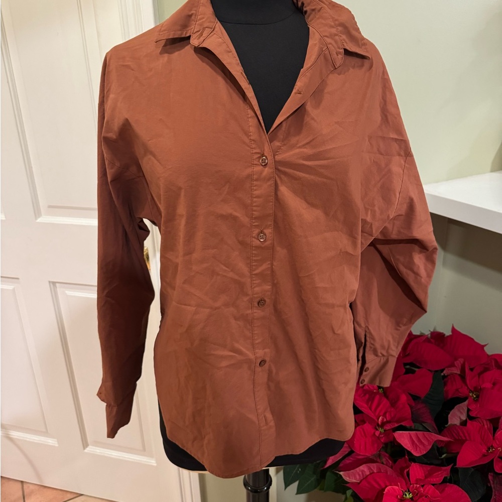Express Women's Terracotta Button-Down Shirt Balloon Sleeve